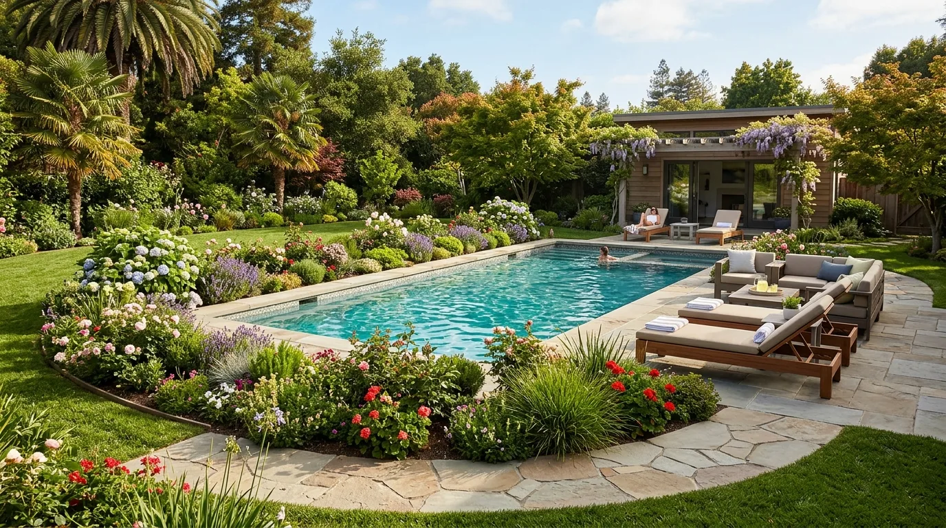 Pool Surrounded by Flower Beds